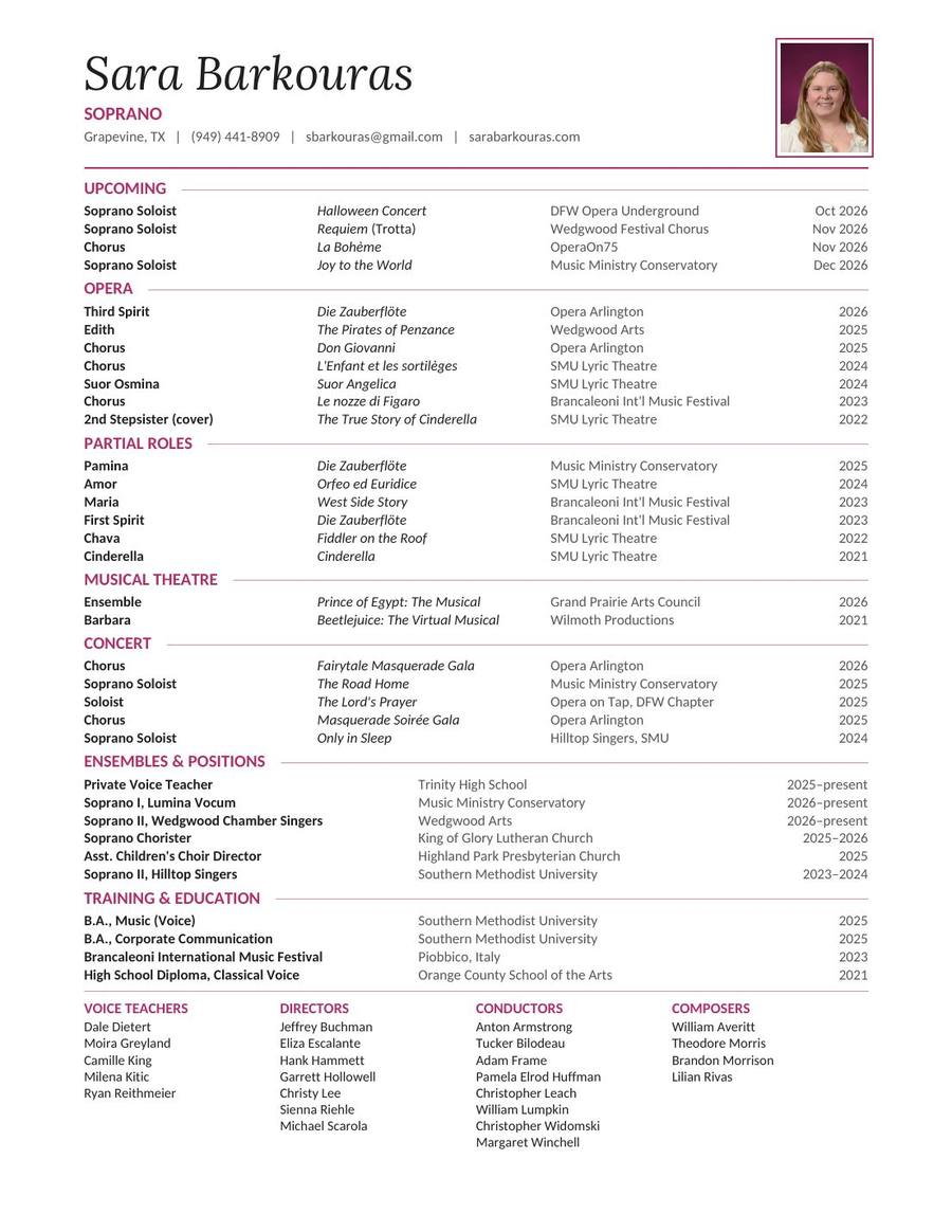 Sara Barkouras's one-page performance resume. A full text version is below.